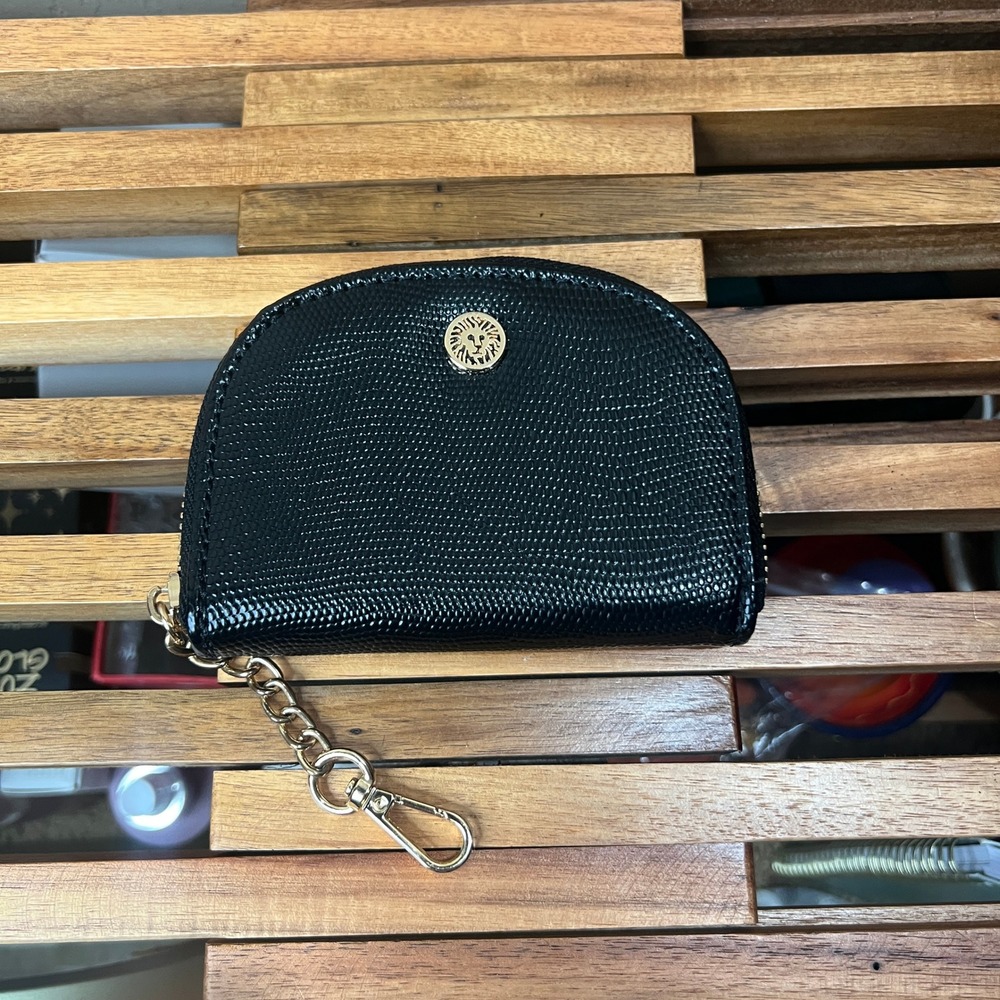 Anne Klein Black Lizard Embossed Accordion Card Case Keychain Wallet Gold Tone